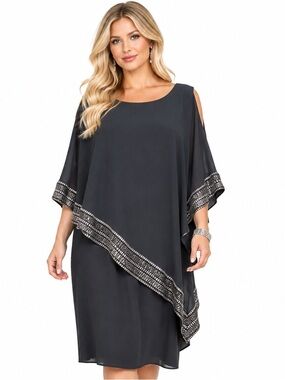 SLNY Plus-Size Black Asymmetrical Cold Shoulder Dress Silver Embellished Hem 16W